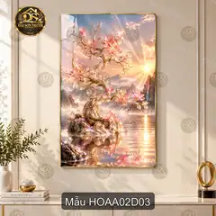 Tranh tráng gương Hoa đào 002 treo dọc hiện đại sáng đẹp trang trí tường phòng khách