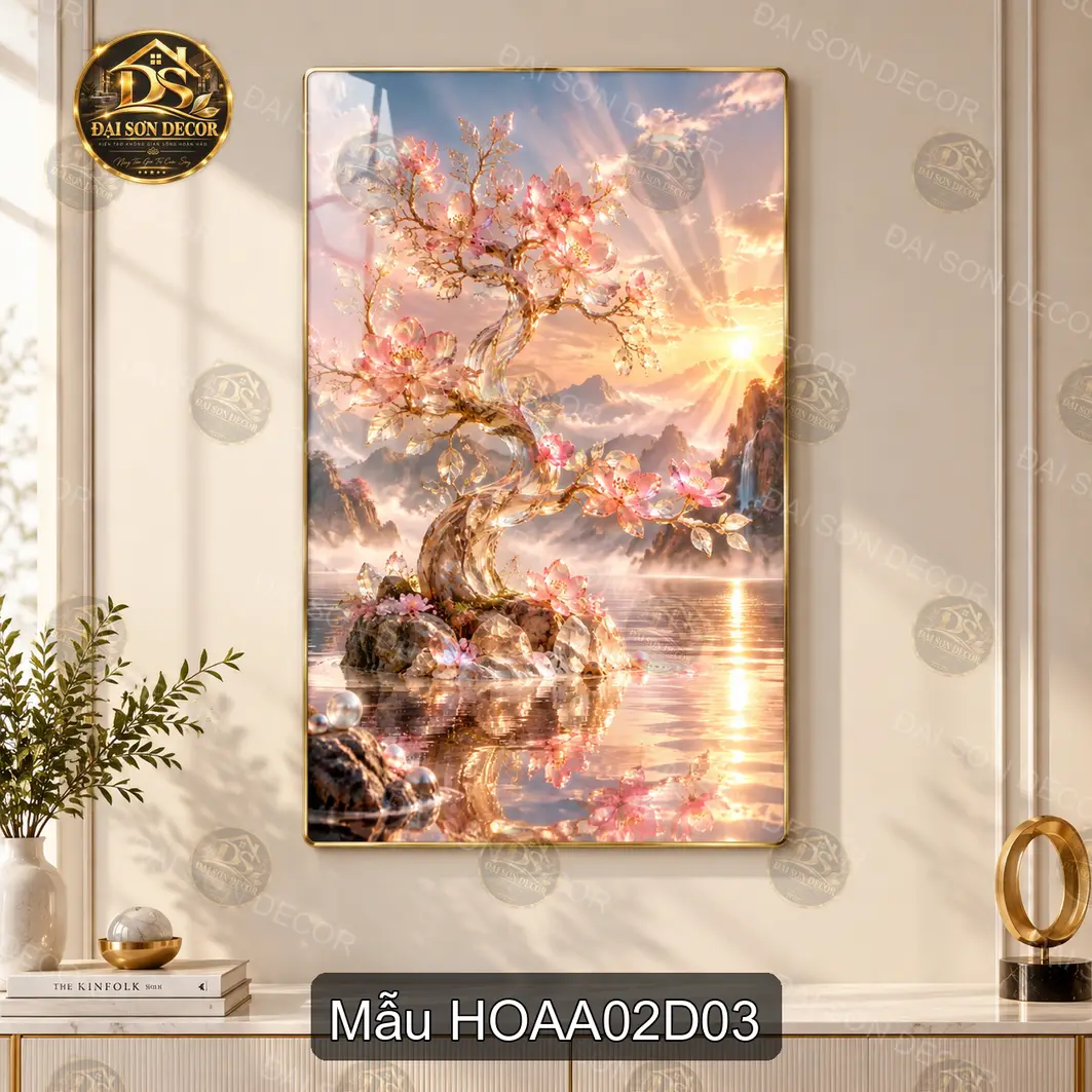 Tranh tráng gương Hoa đào 002 treo dọc hiện đại sáng đẹp trang trí tường phòng khách