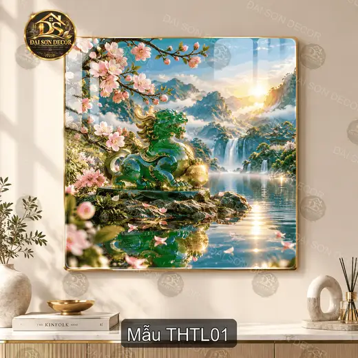 Tranh tráng gương vuông Tỳ hưu tài lộc phong cảnh núi non decor phòng khách