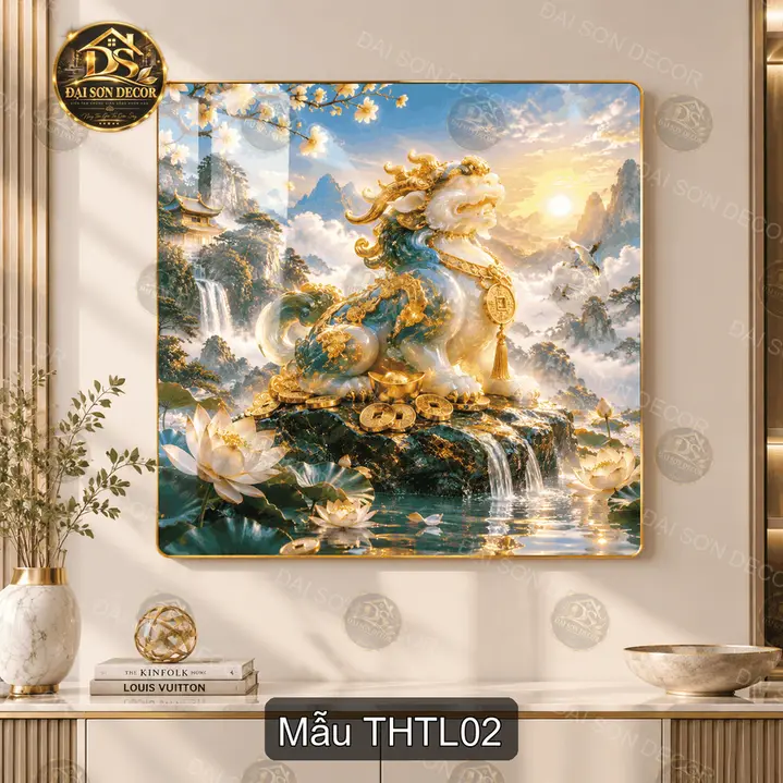 Tranh tráng gương vuông Tỳ hưu tài lộc phong cảnh núi non decor phòng khách