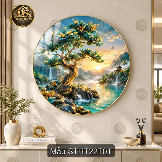 Tranh tròn tráng gương Sơn thủy hữu tình 022 cây cổ thụ thác nước decor phòng khách