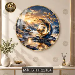 Tranh tròn tráng gương Sơn thủy hữu tình 022 cây cổ thụ thác nước decor phòng khách