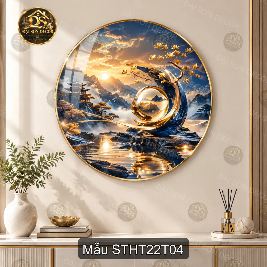 Tranh tròn tráng gương Sơn thủy hữu tình 022 cây cổ thụ thác nước decor phòng khách
