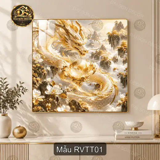 Tranh treo tường tráng gương Rồng vàng thần thoại decor phòng khách quà tặng sang trọng RVTT01