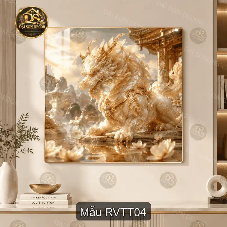 Tranh treo tường tráng gương Rồng vàng thần thoại decor phòng khách quà tặng sang trọng RVTT01