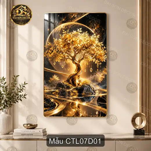 Tranh cây tài lộc 007 tráng gương dọc decor phòng khách phong cách sang trọng CTL07D01