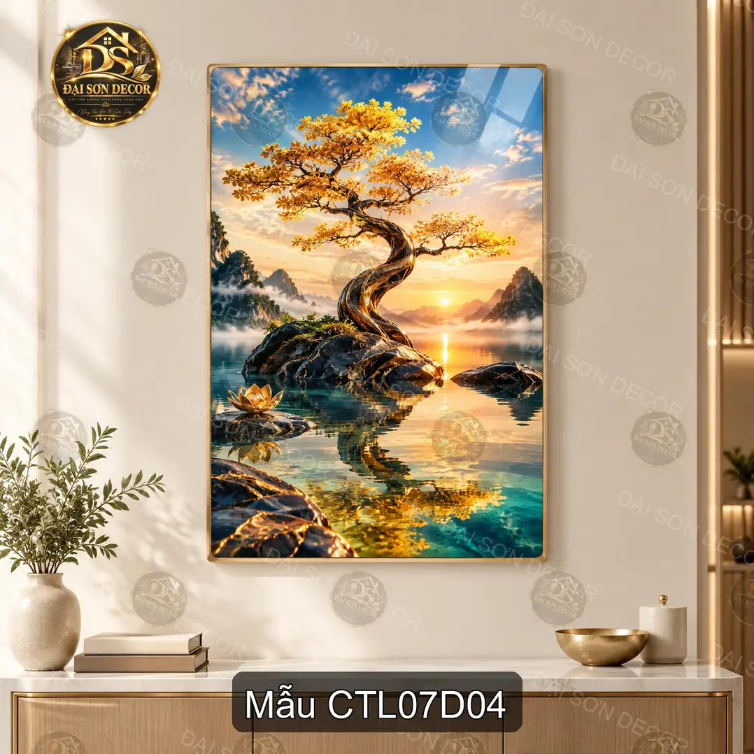 Tranh cây tài lộc 007 tráng gương dọc decor phòng khách phong cách sang trọng CTL07D01