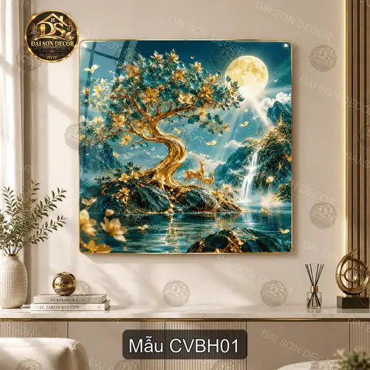 Tranh tráng gương Cây vàng bên hồ phong cảnh thiên nhiên decor phòng khách quà tặng ý nghĩa