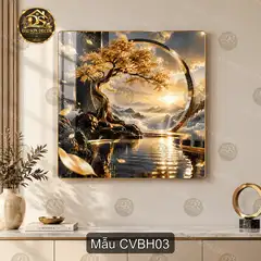 Tranh tráng gương Cây vàng bên hồ phong cảnh thiên nhiên decor phòng khách quà tặng ý nghĩa