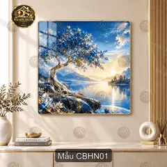 Tranh tráng gương Cây bên hồ núi phong cảnh decor phòng khách mẫu CBHN01