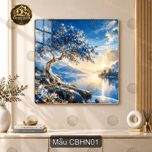 Tranh tráng gương Cây bên hồ núi phong cảnh decor phòng khách mẫu CBHN01