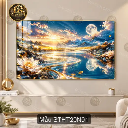 Tranh tráng gương Sơn thủy hữu tình 029 hồ sen núi non decor phòng khách hiện đại STHT29N01