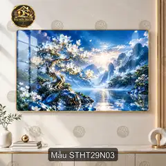 Tranh tráng gương Sơn thủy hữu tình 029 hồ sen núi non decor phòng khách hiện đại STHT29N01