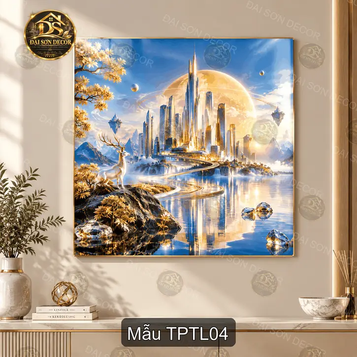 Tranh tráng gương Thành phố tương lai phong cảnh viễn tưởng decor phòng khách hiện đại