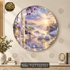Tranh tròn tráng gương Thế giới thần tiên 003 thiên nga hồ sen lâu đài decor phòng khách