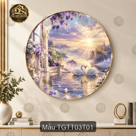 Tranh tròn tráng gương Thế giới thần tiên 003 thiên nga hồ sen lâu đài decor phòng khách
