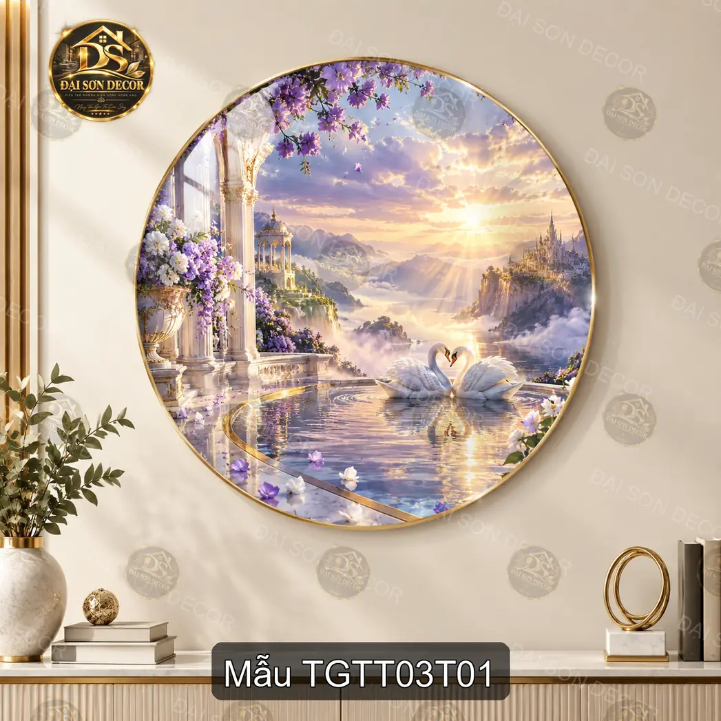 Tranh tròn tráng gương Thế giới thần tiên 003 thiên nga hồ sen lâu đài decor phòng khách
