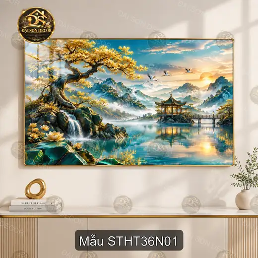 Tranh tráng gương sơn thủy hữu tình 036 cây vàng bên hồ sen thác nước decor phòng khách