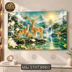 Tranh tráng gương sơn thủy hữu tình 036 cây vàng bên hồ sen thác nước decor phòng khách
