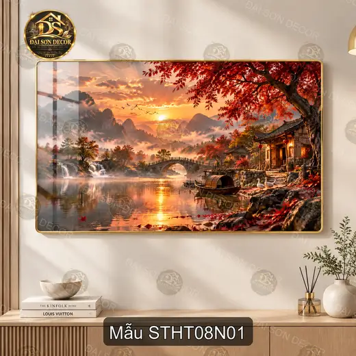 Tranh tráng gương Sơn thủy hữu tình 008 phong cảnh mùa thu sang trọng decor phòng khách