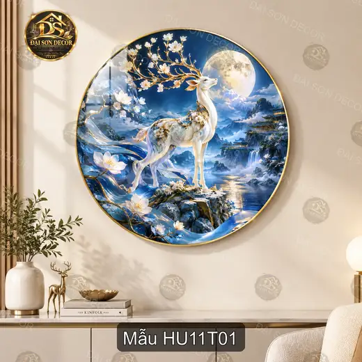 Tranh tròn tráng gương hươu trắng hoa đào decor phòng khách quà tặng trang trí