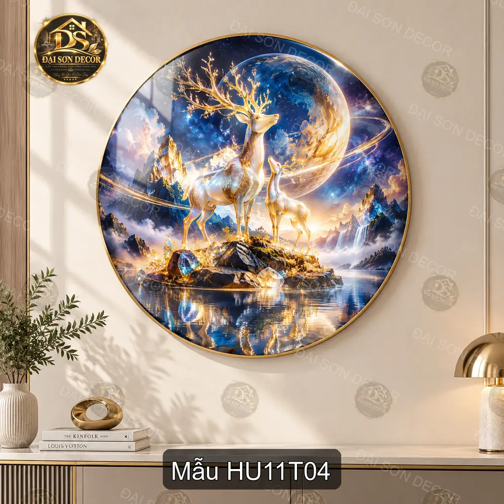 Tranh tròn tráng gương hươu trắng hoa đào decor phòng khách quà tặng trang trí