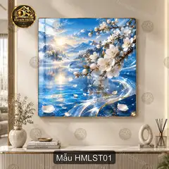 Tranh tráng gương vuông hoa mộc lan sơn thủy treo tường trang trí phòng khách