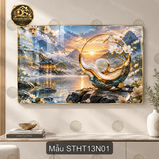 Tranh tráng gương Sơn thủy hữu tình 013 hoa mai hồ núi non trang trí phòng khách