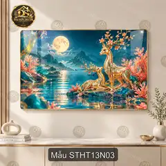 Tranh tráng gương Sơn thủy hữu tình 013 hoa mai hồ núi non trang trí phòng khách