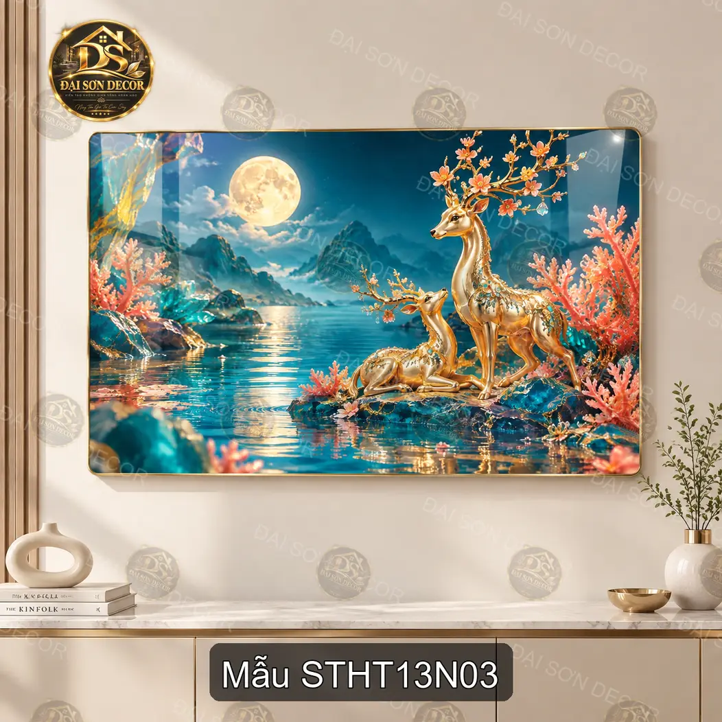Tranh tráng gương Sơn thủy hữu tình 013 hoa mai hồ núi non trang trí phòng khách