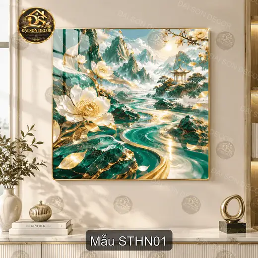 Tranh tráng gương vuông Sơn thủy hoa nguyệt decor phòng khách sang trọng