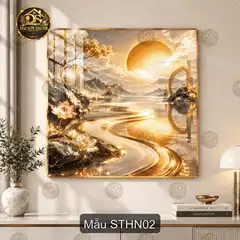 Tranh tráng gương vuông Sơn thủy hoa nguyệt decor phòng khách sang trọng