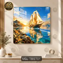 Tranh tráng gương thuyền buồm sơn thủy vuông decor phòng khách quà tặng