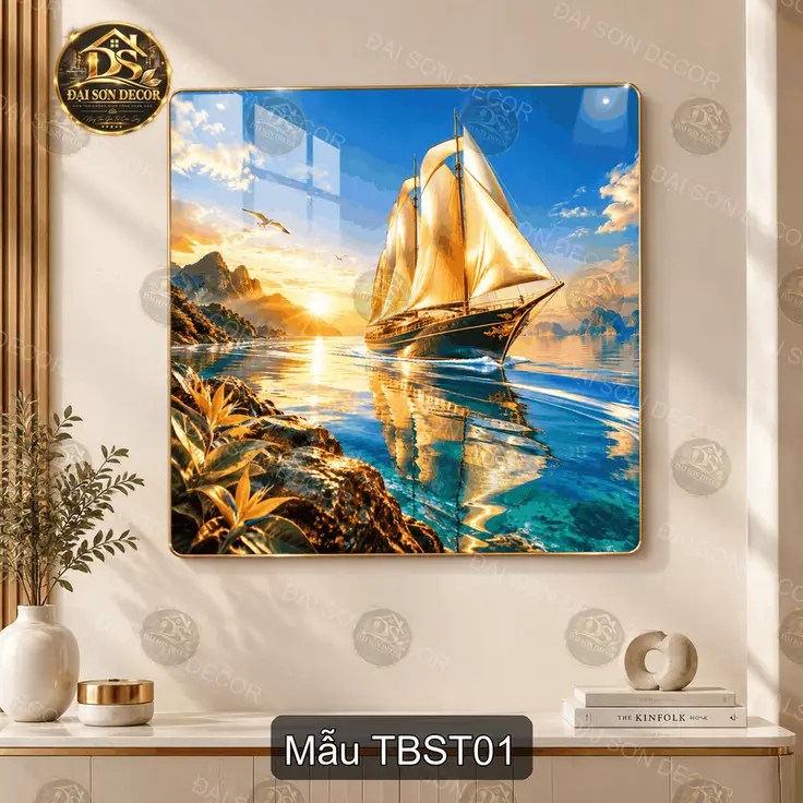 Tranh tráng gương thuyền buồm sơn thủy vuông decor phòng khách quà tặng