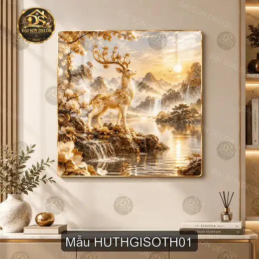 Tranh tráng gương vuông hươu thần giữa sơn thủy decor phòng khách quà tặng