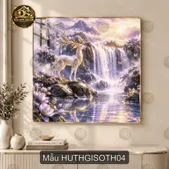 Tranh tráng gương vuông hươu thần giữa sơn thủy decor phòng khách quà tặng