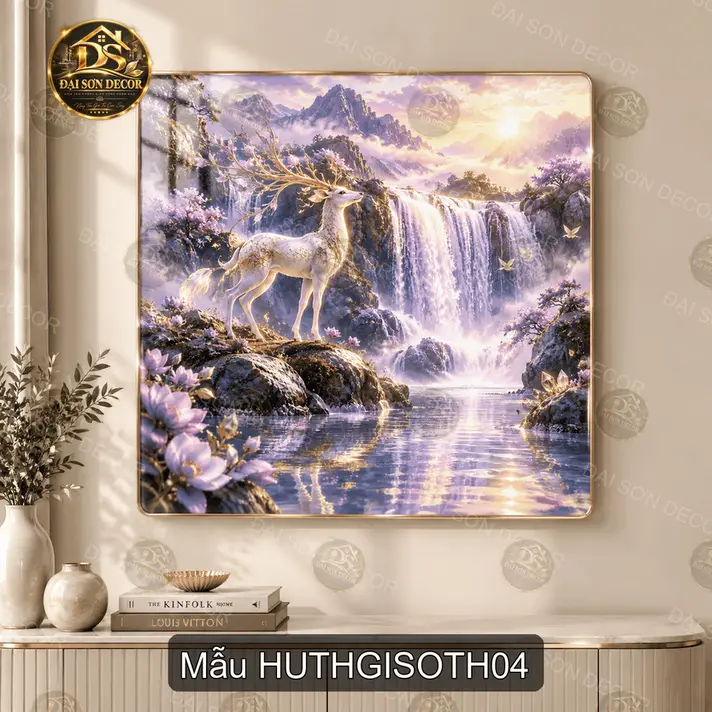 Tranh tráng gương vuông hươu thần giữa sơn thủy decor phòng khách quà tặng