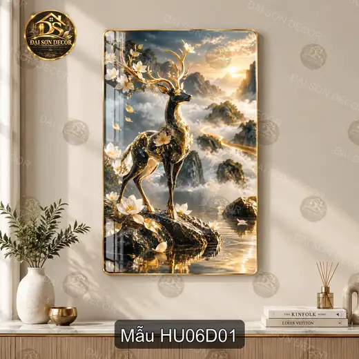 Tranh tráng gương Hươu 006 phong cảnh núi non hoa trắng treo dọc trang trí phòng khách
