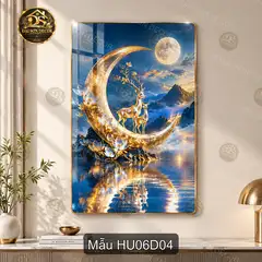 Tranh tráng gương Hươu 006 phong cảnh núi non hoa trắng treo dọc trang trí phòng khách