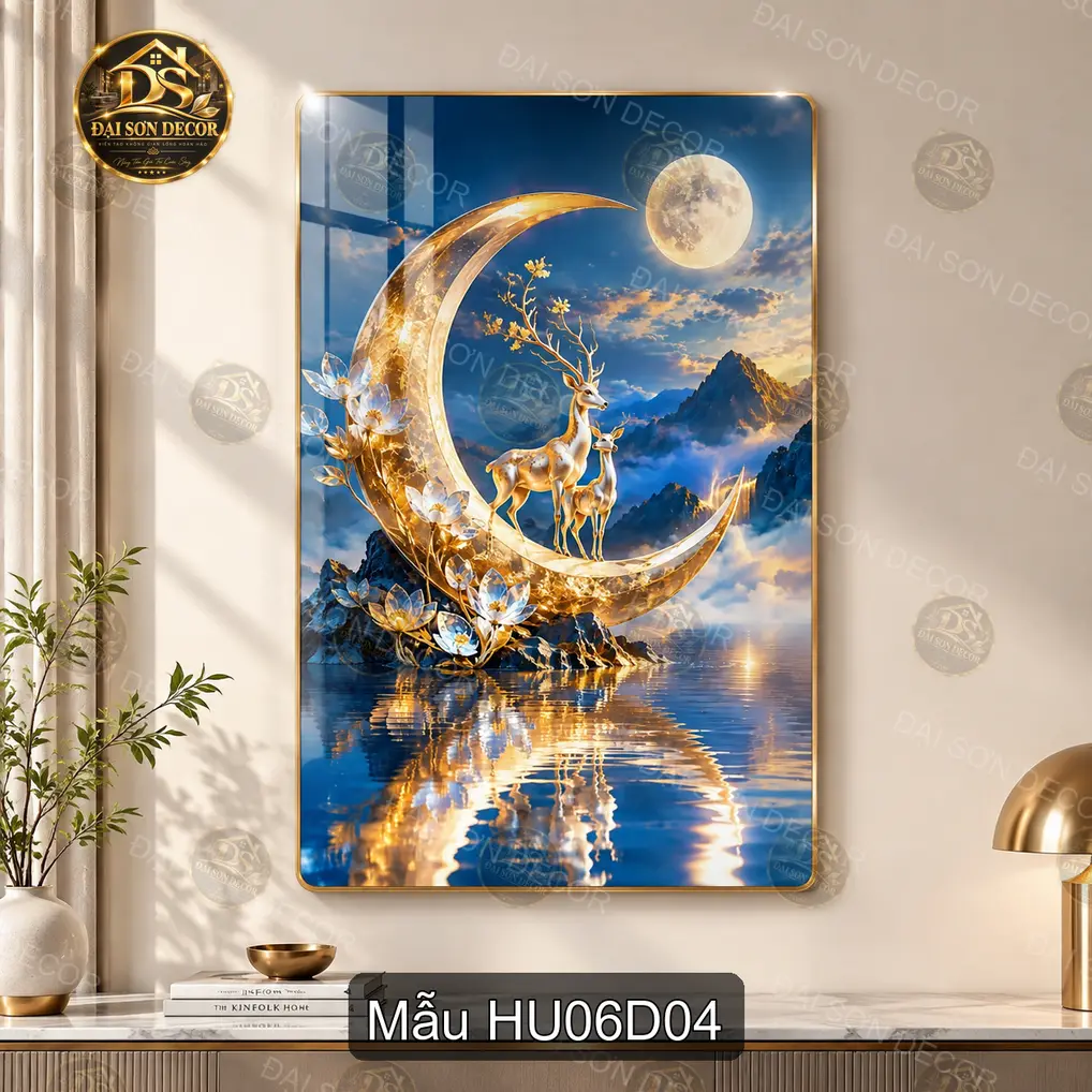 Tranh tráng gương Hươu 006 phong cảnh núi non hoa trắng treo dọc trang trí phòng khách