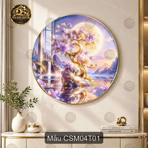 Tranh tròn cây sinh mệnh hoa tím bên trăng decor phòng khách sang trọng