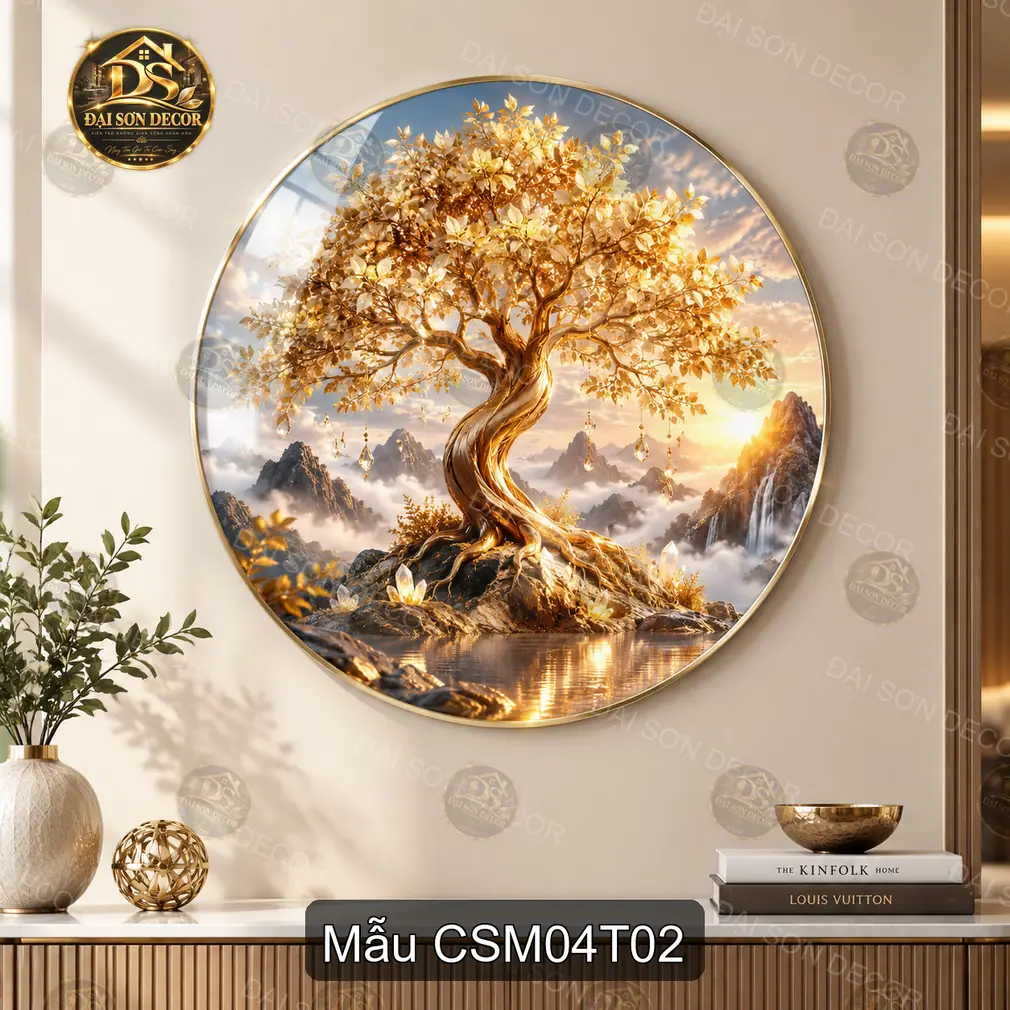 Tranh tròn cây sinh mệnh hoa tím bên trăng decor phòng khách sang trọng