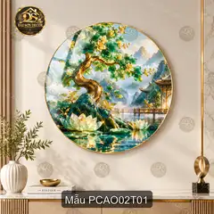 Tranh tráng gương tròn phong cảnh Á Đông decor phòng khách phòng làm việc