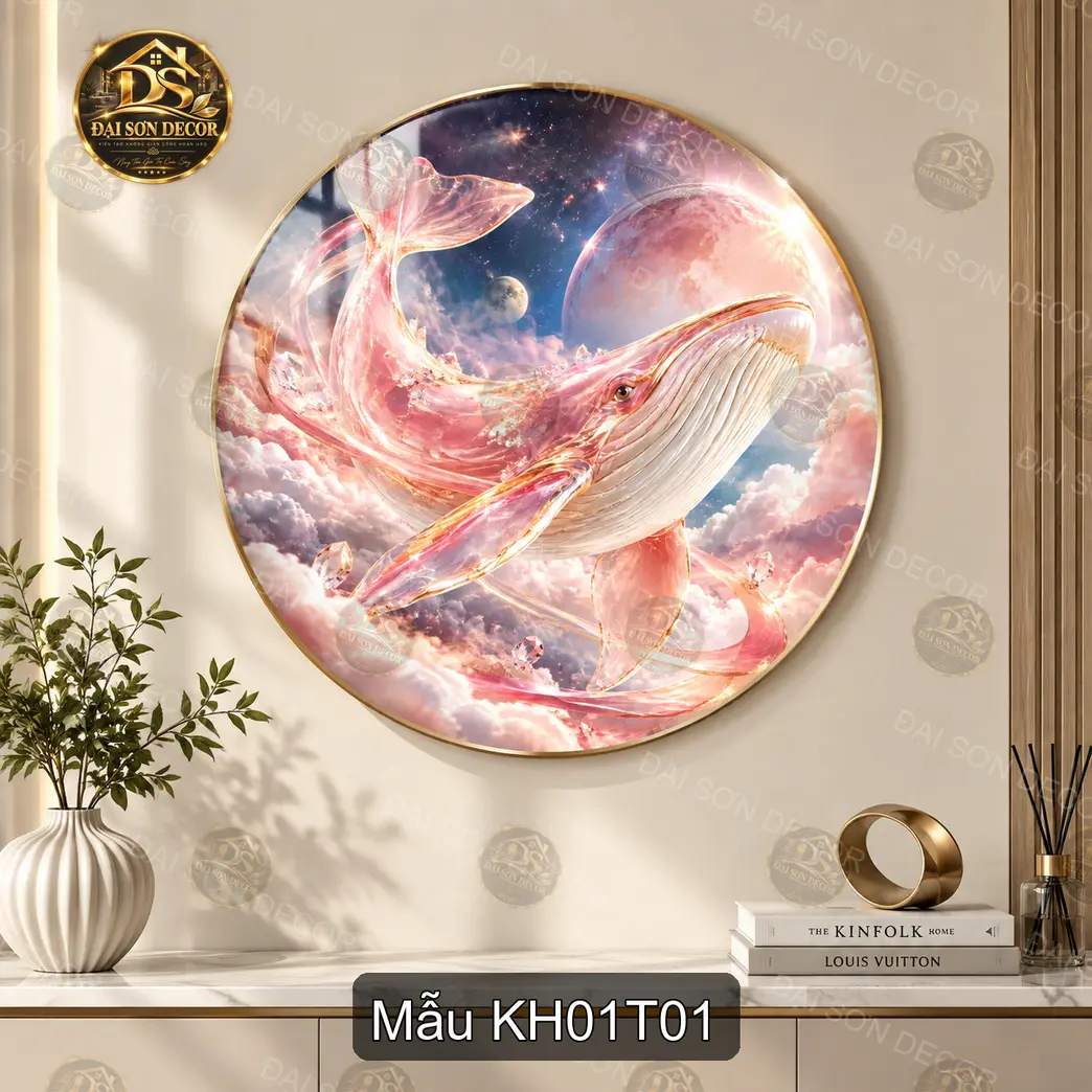 Tranh tròn tráng gương cá voi hồng nghệ thuật sang trọng decor nội thất phòng khách KH01T01