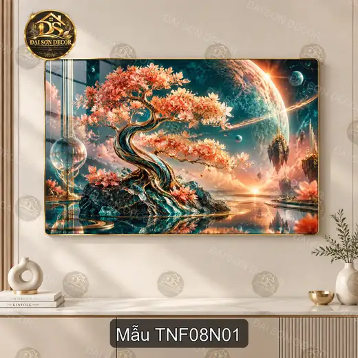 Tranh tráng gương cây bonsai hoa đào Thiên nhiên fantasy 008 decor phòng khách