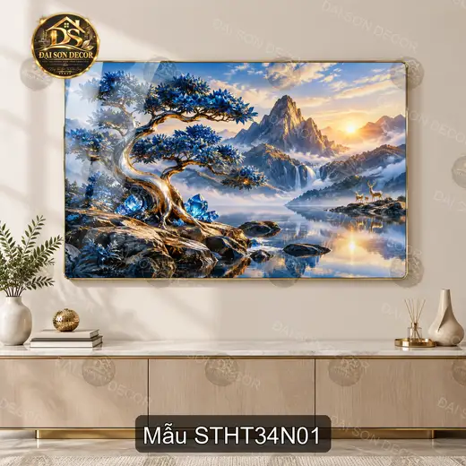 Tranh tráng gương Sơn thủy hữu tình 034 cây xanh núi hồ decor tường hiện đại