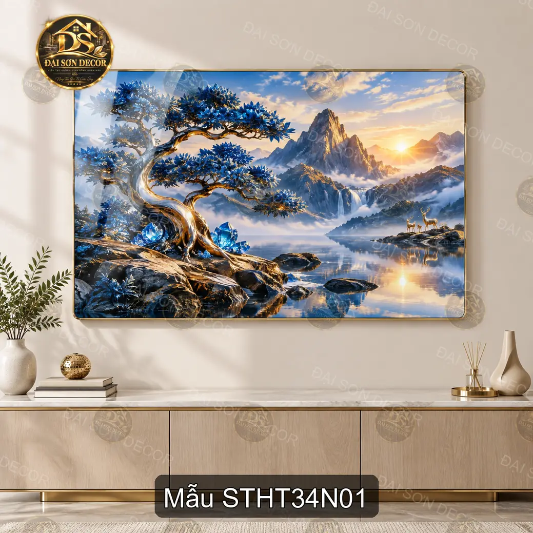 Tranh tráng gương Sơn thủy hữu tình 034 cây xanh núi hồ decor tường hiện đại