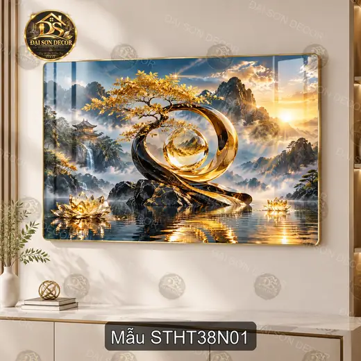 Tranh tráng gương Sơn thủy hữu tình 038 cây vàng hồ sen sang trọng decor phòng khách