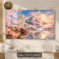 Tranh tráng gương Sơn thủy hữu tình 038 cây vàng hồ sen sang trọng decor phòng khách