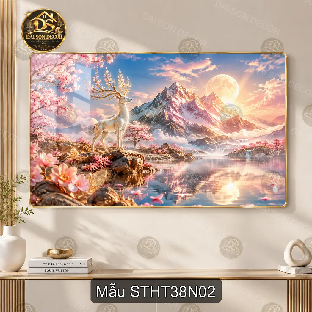 Tranh tráng gương Sơn thủy hữu tình 038 cây vàng hồ sen sang trọng decor phòng khách